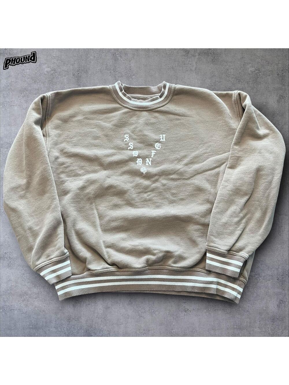Darc Sport Sweatshirt Mens Large Tan Crewneck Pullover Wolf Logo Striped Ribbing